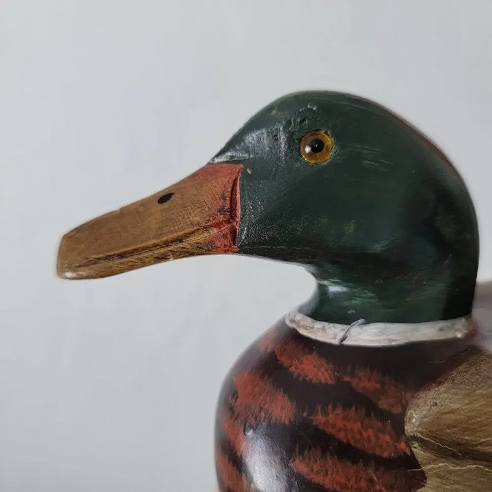 Vintage Hand Painted Wooden Duck Decoy Hand Carved Mallard Figurine Glass Eyes